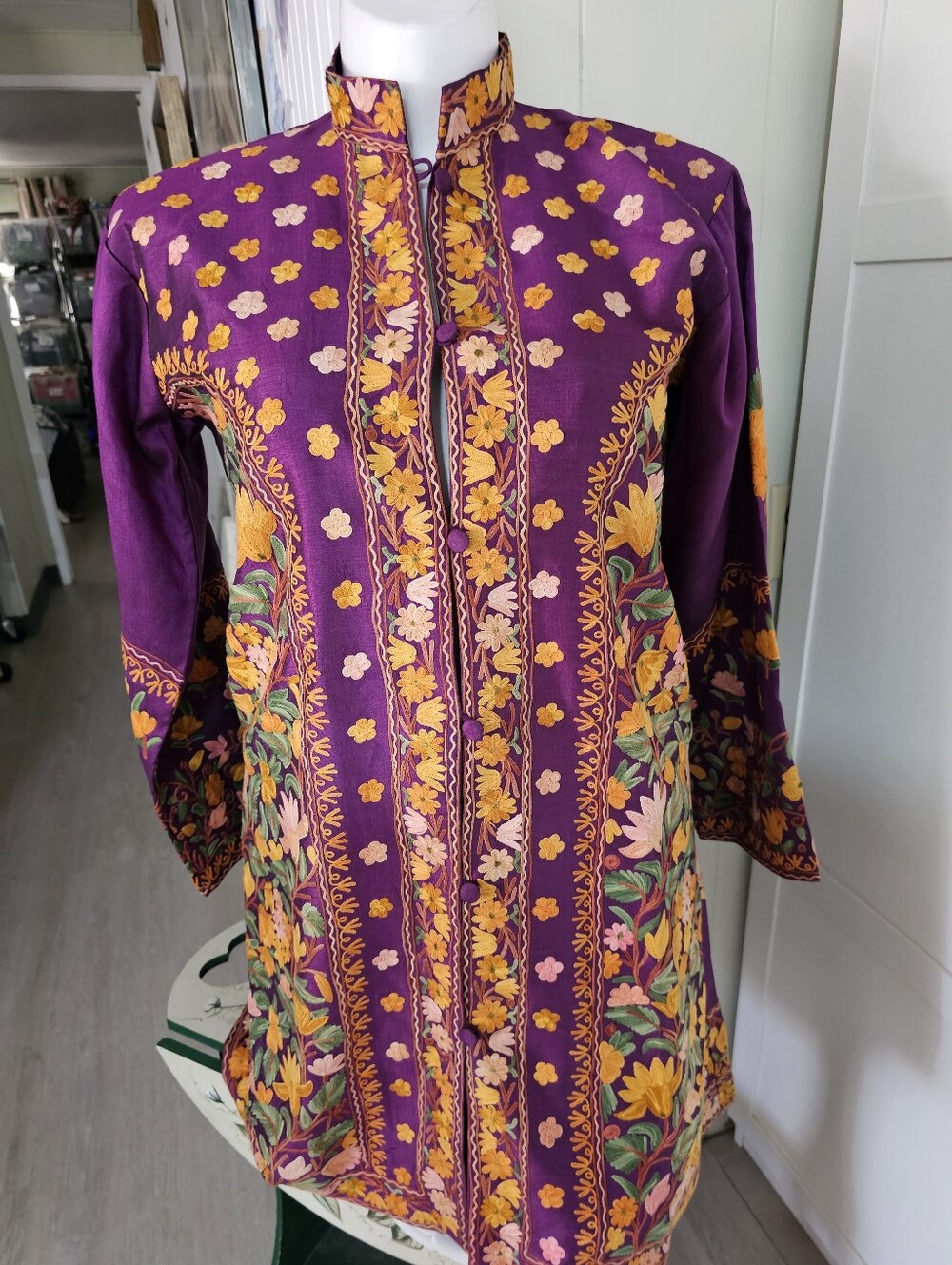 Al Basir Kashmiri Hand Embroidered Jacket/Coat Purple Floral Aari Boho 40"x37 "